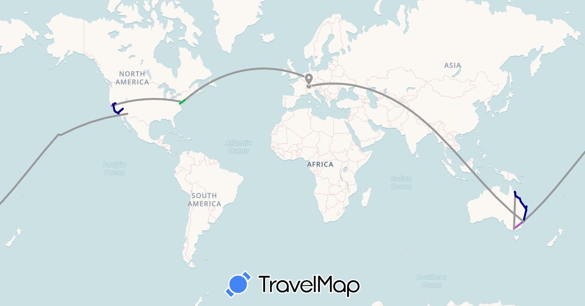 TravelMap itinerary: driving, bus, plane, cycling, train, boat in Australia, Switzerland, Germany, United States (Europe, North America, Oceania)